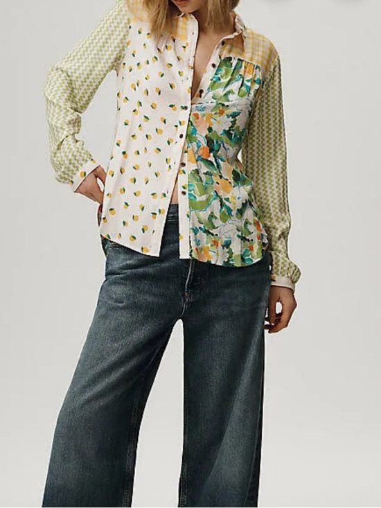 Maeve Tops - Maeve Paz Buttondown Shirt by Maeve in Yellow & Green Mixed-Print Button Shirt